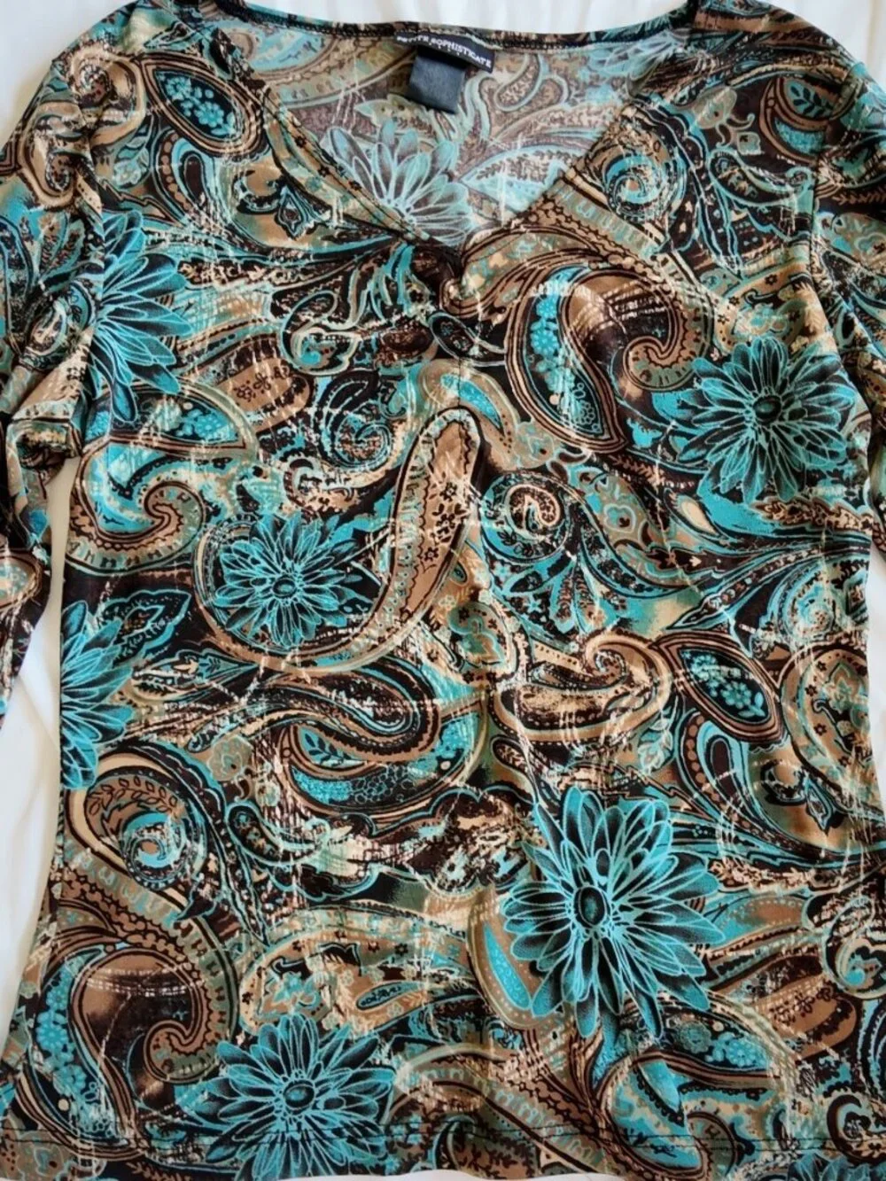 Vintage Paisley Floral Top Teal & Brown Size S 90s Y2k Whimsygoth